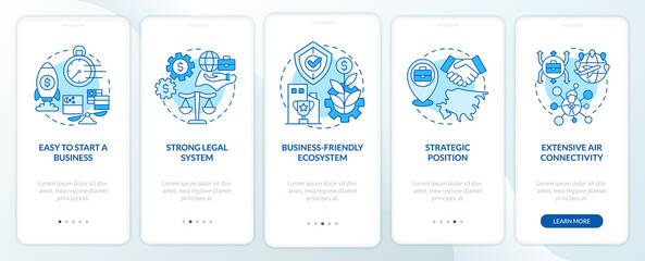 Starting business in Singapore blue onboarding mobile app screen. Walkthrough 5 steps graphic instructions pages with linear concepts. UI, UX, GUI template. Myriad Pro-Bold, Regular fonts used