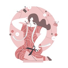 Silhouette of a woman dressmaker. The seamstress sews the details of the cut. Sewing clothes. Vector flat illustration.