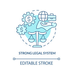 Strong legal system turquoise concept icon. Fair judicial system abstract idea thin line illustration. Isolated outline drawing. Editable stroke. Roboto-Medium, Myriad Pro-Bold fonts used