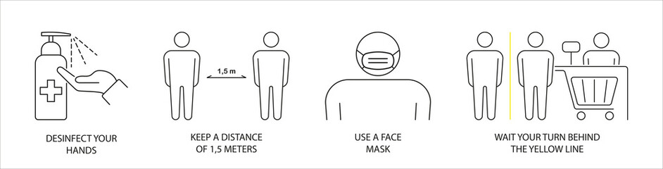 Set of isolated icons with preventive measures in retail outlets. Outline symbols Covid 19 coronavirus pandemic. Hand disinfection, keeping distance, face mask. Vector illustration