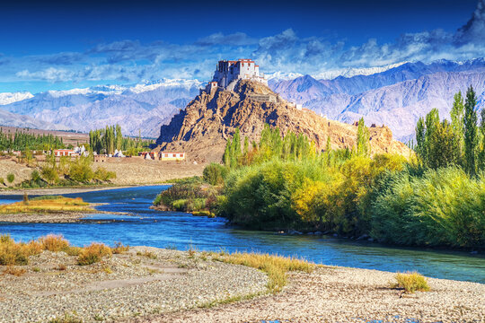 Stakna monastery with view of Himalayan mountians - it is a famous Buddhist temple in,Leh, Ladakh, Jammu and Kashmir, India.