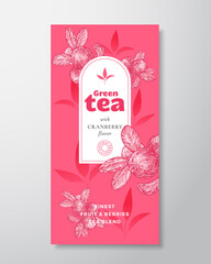 Fruit and Berries Tea Label Template. Abstract Vector Packaging Design Layout with Realistic Shadows. Hand Drawn Cranberry Bunch and Leaves Decor Silhouettes Background. Isolated