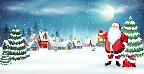 Santa with a lantern and a bag of gifts near a Christmas tree on the background of a village with snow-covered houses. Winter Christmas scene vector illustration