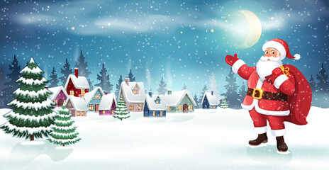 Santa with Christmas gifts near a Christmas tree on the background of a village with snow-covered houses. Winter Christmas scene vector illustration 
