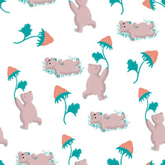 Seamless Pattern with Cartoon Bear Character Illustration Design on White Background