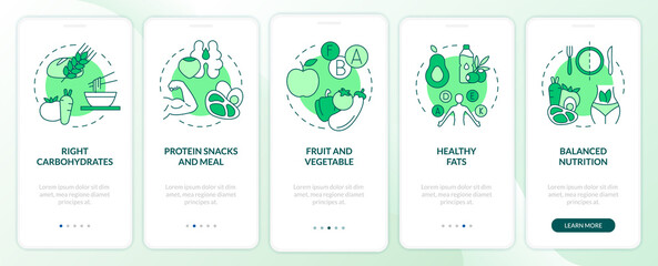 Right food for exercises green onboarding mobile app screen. Dieting walkthrough 5 steps graphic instructions pages with linear concepts. UI, UX, GUI template. Myriad Pro-Bold, Regular fonts used