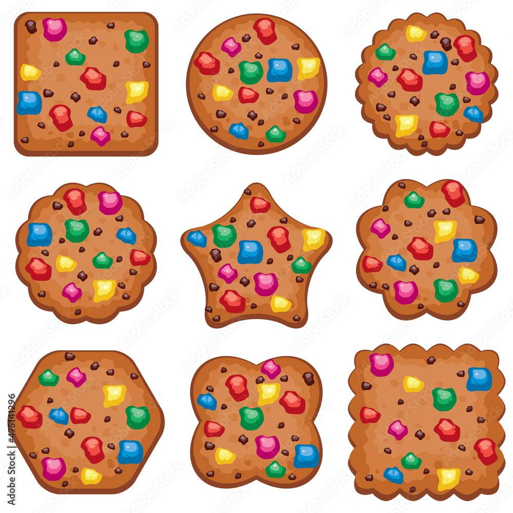 Poster vector set of colorful chocolate chip cookies of different shapes