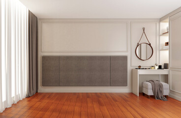 Fototapeta na wymiar Modern luxury empty room with dressing table, wall cornice and wood floor. 3d rendering