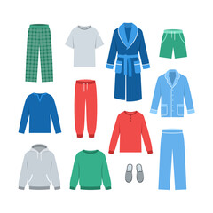 Men home clothes. Flat vector illustration. Comfortable loungewear garments to wear at home. Pants, shirts, pajamas and bathrobe, cozy sleepwear and slippers. Different male clothing for long weekends