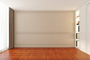 Modern luxury empty room with shelf and cabinet, wall cornice and wood floor. 3d rendering