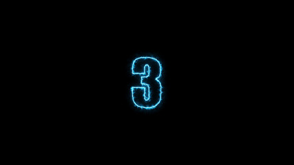 Neon numbers three glowing on an alpha channel background.  number 3 glowing in the dark,  neon light