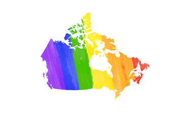 Detailed Canada country silhouette map in LGBT PRIDE rainbow colours on white