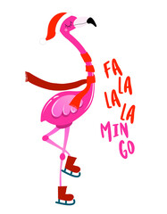 Fa la la la flamingo - Calligraphy phrase for Christmas with cute flamingo girl. Hand drawn lettering for Xmas greetings cards, invitations. Good for t-shirt, mug, scrap booking, gift.