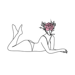 Female body with flowers.Line art female hands with butterflies. One line vector drawing. Portrait minimalistic style. Botanical print. Nature symbol of cosmetics.