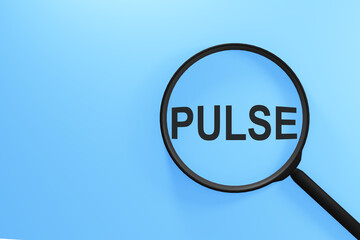 Magnifying glass with the inscription PULSE on a blue background.
