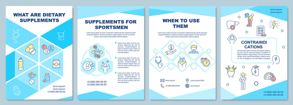Dietary supplements blue brochure template. Fit lifestyle. Booklet print design with linear icons. Vector layouts for presentation, annual reports, ads. Arial-Black, Myriad Pro-Regular fonts used