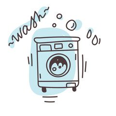 Laundry washing machine icon and inscription wash in doodle style. Black line on blue isolated on white background.