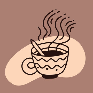 Hot cup of coffee or tea doodle line style on brown background, icon for coffee shop design.