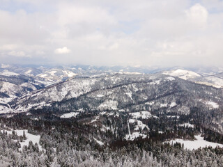 aerial view of snowed ukrainian carpathian mountains