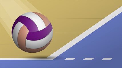 realistic volleyball ball flies in line of court. Volleyball tournament concept. Sport equipment. Background for design sport competitions. Vector