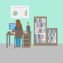 Illustration of an economist accountant woman at work on a computer in the office