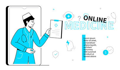 Online medicine - colorful flat design style poster with line elements