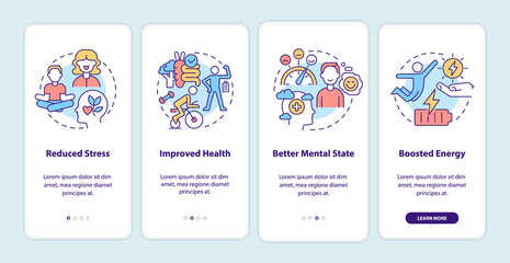 Benefits of life balance onboarding mobile app screen. Wellbeing walkthrough 4 steps graphic instructions pages with linear concepts. UI, UX, GUI template. Myriad Pro-Bold, Regular fonts used