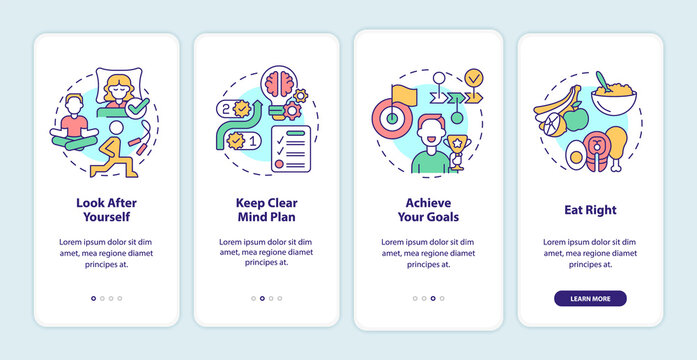 Well Balanced Life Tips Onboarding Mobile App Screen. Selfcare Walkthrough 4 Steps Graphic Instructions Pages With Linear Concepts. UI, UX, GUI Template. Myriad Pro-Bold, Regular Fonts Used