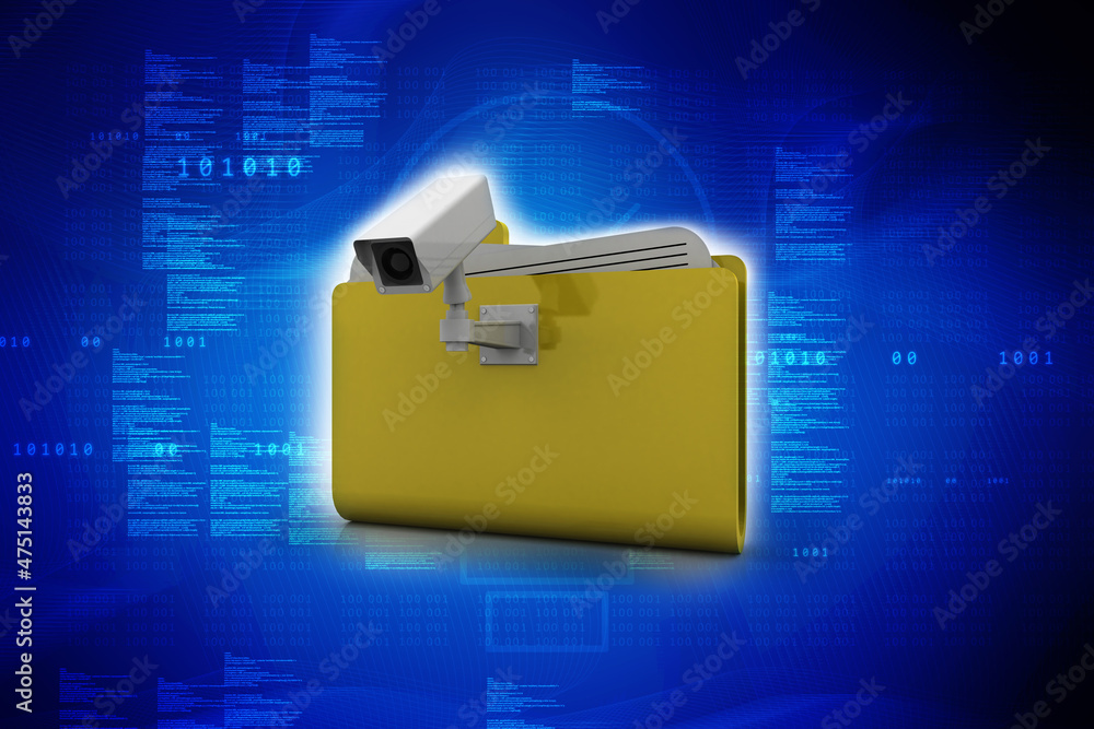 Poster 3d rendering surveillance cctv security camera with folder