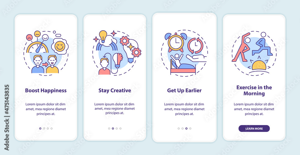 Poster how to live balanced life onboarding mobile app screen. find harmony walkthrough 4 steps graphic ins