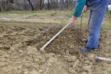 A farmer cultivates shoveled soil before planting in the spring in a traditional village