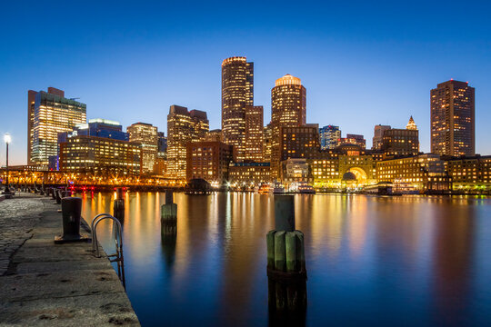 View of Boston Harbor and Financial District in Massachusetts, USA.