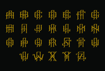 Set of monogram logo Initial A letter with A to Z vintage overlapping gold color on black background