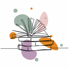 Vector abstract continuous one single simple line drawing icon of book is open on a stack of books in silhouette sketch on white background.