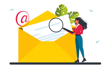 Email concept. A woman holds mail. People reading letters, New incoming messages, SMS, spam, mail notification, chatting. A tiny man stands by an incoming envelope with a letter. Vector illustration