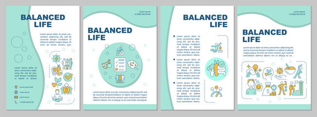 Balanced life mint brochure template. Selfcare lifestyle. Booklet print design with linear icons. Vector layouts for presentation, annual reports, ads. Arial, Myriad Pro-Regular fonts used