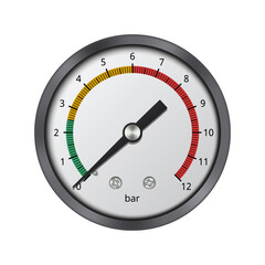 Realistic pressure gauge with color graduations on a white background. Pressure measuring instrument. Vector illustration.