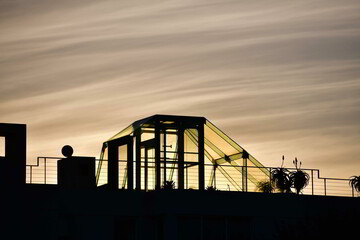 silhouette, building, sunset