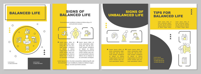 Balanced and unbalanced life yellow brochure template. Find harmony. Booklet print design with linear icons. Vector layouts for presentation, annual reports, ads. Arial, Myriad Pro-Regular fonts used