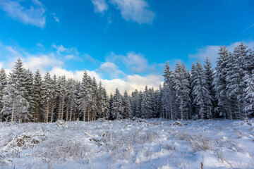 Erste Winterwanderung auf dem Rennsteig bei schönstem Sonnenuntergang - Deutschland