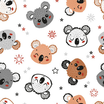 Cute Koala Bears and Stars Seamless Pattern. Childish Background. Vector Baby Animals Drawing for Tee Print for Kids