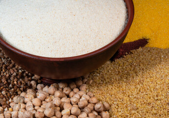 Raw healthy cereals, various cereals in a circle
