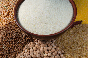 Raw healthy cereals, various cereals in a circle