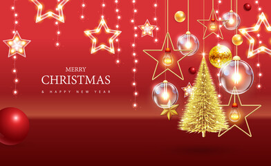 Merry Christmas and happy New Year poster with christmas holiday decorations. Christmas holiday background. Vector illustration