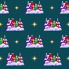 Vector seamless pattern Christmas village on a green.  Holiday background.