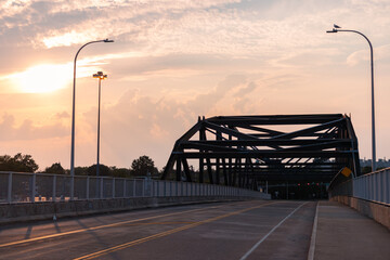 Empty Bridge and Road in New Haven Connecticut during Sunset - obrazy, fototapety, plakaty