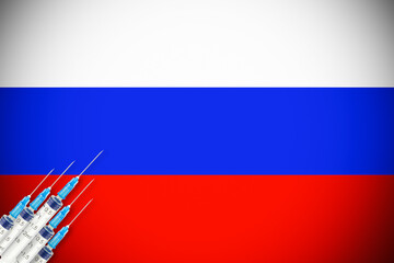 Russian flag tricolor with several syringes in left corner. Symbol of universal vaccination against covid in Russia.