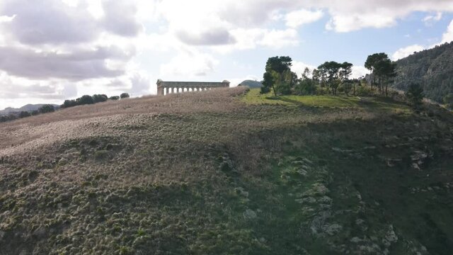 Temple of Segesta in the countryside of Sicily, Italy. Aerial view from drone