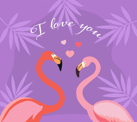 Two pink flamingo birds forming a heart on a on purple background. Wedding or St Valentines day concept. 