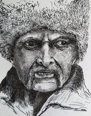 Middle-aged man with a mustache - illustration. Detailed drawing of a chubby man with a long thick mustache and a hat on his head, drawn by a liner. Portrait of a Cossack.